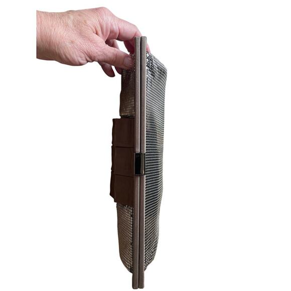 Whiting & Davis Pewter Mesh and Brown Satin Ruffles Clutch with Strap. EUC. - Picture 3 of 6